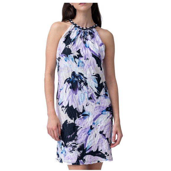 Adrienne Landau Onyx Dress Wmns Lg Multicolor Abstract Floral Chain Strap Halter - Picture 1 of 7